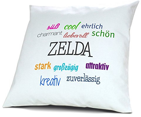 digital print Kopfkissen mit Namen Zelda - Motiv Positive Eigenschaften, 40 cm, 100% Baumwolle, Kuschelkissen, Liebeskissen, Namenskissen, Geschenkidee, Deko