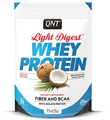 QNT Light Digest Noix de Coco, Whey Protéine en poudre avec Whey isolate, Sans Gluten, Riche en fibres, Pauvre en sucre, 500g, 25 portions, Fabriqué en Belgique