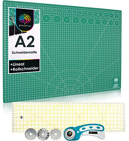 OfficeTree Schneidematte Set A2 60x45 + Rollschneider + Patchwork Lineal 60x15 cm - Selbstheilend - Schneiderlineal Stoffschneider Set - Schneidunterlage - Nähzubehör