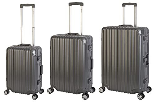 Travelhouse Kofferset · 3-teilig Reisekoffer-Set · Aluminium Rahmen · Polykarbonat Hartschale · Vol. S-44L · M-67L ·L-108L · Modell London · Grau 4X Silent Move Doppelrollen 2X TSA Schloss
