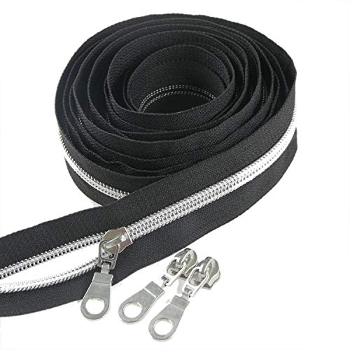 #5 antikes Silber metallic Nylon Spule Reißverschlüsse von The Yard Bulk 9m schwarzes Klebeband mit 25 Stück Silber Schieberegler für DIY Nähen Schneider Handwerk Tasche Leekayer (schwarz)