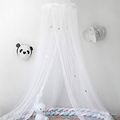 Naturer Weiß Baldachin Betthimmel Deko Himmel Durchsichtig mit Sterne Tüll Moskitonetz Babybett Kinder Mosquito Netz Bett Mückenschutz für Babyzimmer und Kinderzimmer