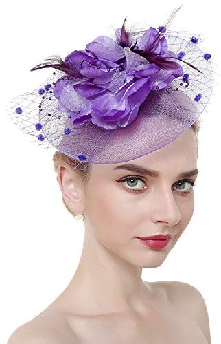JINTN Womens Girls Mesh Fascinator Hat Headwear with Big Flowers Feather Veil Wedding Party Hat Fascinator Hair Clip Headwear Purple