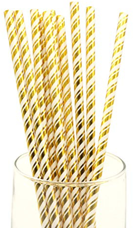 Paper Straws 100pcs Biodegradable Recyclable Drinking Straws for Party Birthday Wedding (Golden Dual White Stripe)