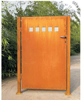 Edelrost Gartentor inkl. Pfosten aus Metall Rost mit Glasdeko Handarbeit inkl.Türschloss (032103-1: L101*B12.5*H150cm)
