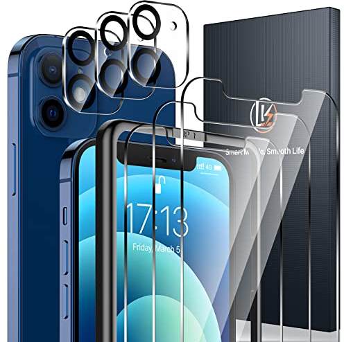 LK 3+3 vidrio templado compatible con iPhone 12 (6,1 pulgadas), 3 protectores de pantalla y 3 cámaras traseras protectoras, película de pantalla antiarañazos y sin burbujas de aire con marco de