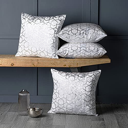 Red Rainbow Luxury Metallic White Crushed Velvet Geometric Cushion Covers, 18 x 18, Set of 4