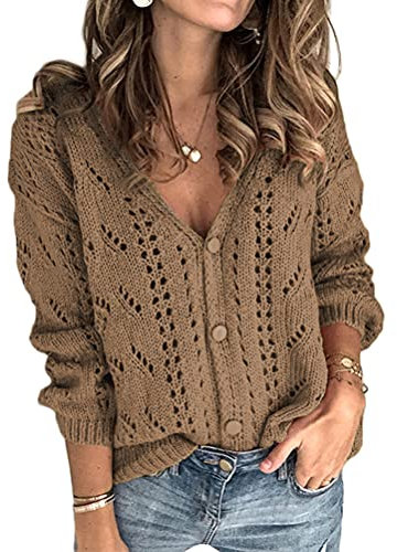 ORANDESIGNE Cardigan in Maglia Donna Tinta Unita Elegante Maglione Maniche Lunghe Cardigan Corto Scollo a V Sexy Bottoni Morbido Elegante Autunno Invernale Sweater Cardigan A Marrone M
