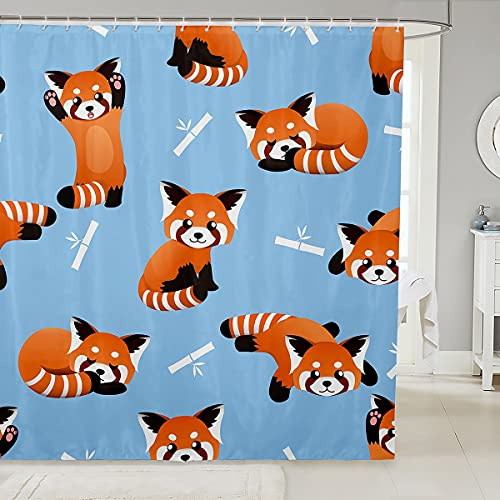 Loussiesd Rot Panda Duschvorhang 180x180cm Nettes Tiermuster Duschvorhang Textil für Kinder Jungen Mädchen Panda Bedrucktes Duschvorhang Wildlife Stil Kinderzimmer Dekor Blau