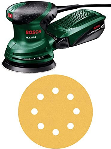 Bosch Exzenterschleifer PEX 220 A (im Karton) + 6x Schleifpapier-Sets Expert C470 mit 8 Löchern (für Hartholz, Farbe auf Holz, Ø 125 mm, Körnung 60/120/240)