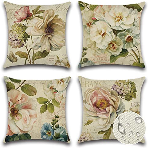 JOTOM Wasserdicht Kissenbezug Outdoor Wasserabweisend Kissenhülle Dekokissen Sofakissen Dekorativ Couchkissen Bezug für Sofa Wohnzimmer Balkon Garten 45x45cm (Vintage Blume)