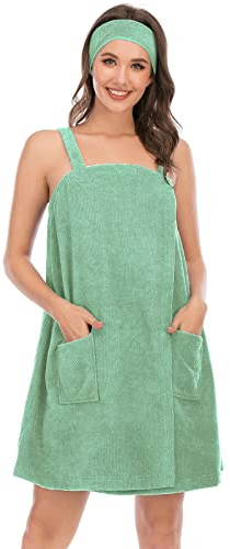 Jamron Damen Verstellbarer Handtuch Wickel Bademantel mit Stirnband für Sport, Dusche, Spa & Strand Cover Ups Grün XXL