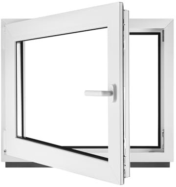 Fenster Kellerfenster Kunststofffenster Kunstoff weiß BxH 90 x 70 cm DIN Links - ALLE GRÖßEN - 3 fach Verglasung BxH 900 x 700 mm - Funktion Dreh-Kipp - BauPlaza