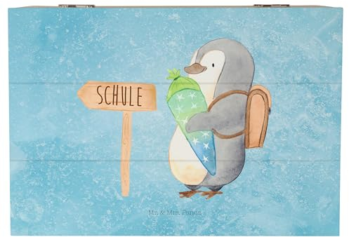 Mr. & Mrs. Panda 22 x 15 cm Holzkiste Pinguin Schultüte - Geschenk, Aufbewahrungsbox, Dekokiste, 1. Klasse, Geschenk zur Einschulung, Erinnerungsbox,
