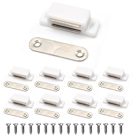 Pestillo magnético para armario, puertas de armario, armarios, cajones y persianas, cierre magnético fácil de instalar, tornillos de cierre magnéticos incluidos (8 Piezas, Blanco)