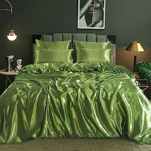 ROOEE Satin Silk Complete Bedding Set - 6 PCS - Fitted sheet, Duvet Cover, 4 Pillow Cases. Color - Olive-Green Size - Double