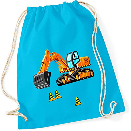 minimutz Turnbeutel für Jungen | Motiv Bagger & Baustelle | Stoffbeutel aus Baumwolle zum Zuziehen für Kinder | Zuziehrucksack mit Kordel (surfblau)