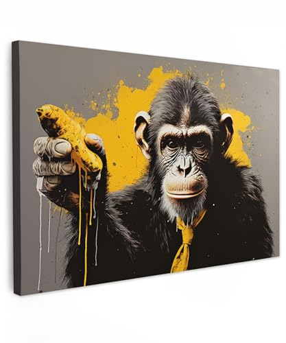 MuchoWow© Bilder Groß 120x80 cm XXL Wohnzimmer Deko Modern Wandbild Foto auf Leinwand Bild Schlafzimmer Room Decor Geschenke Banksy - Street Pop Art - Affe - Schimpanse - Banane - Tiere - Krawatte