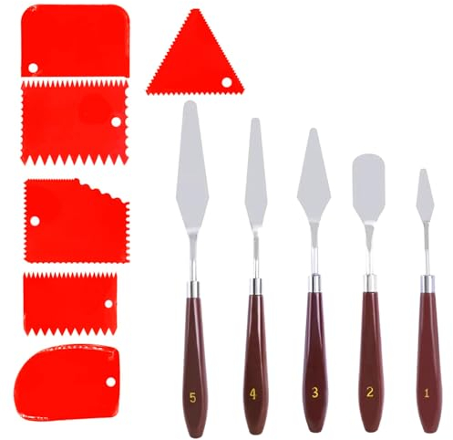 burkfeeg 11Teiliges Malmesser ÖLgemäLde Spachtel Set Rote Kunststoff Rakelmesser Spachtel aus Edelstahl Strukturpaste Spachtel,Palettenmesser Geeignet für ÖlgemäLde,Leinwand, Acrylmalerei