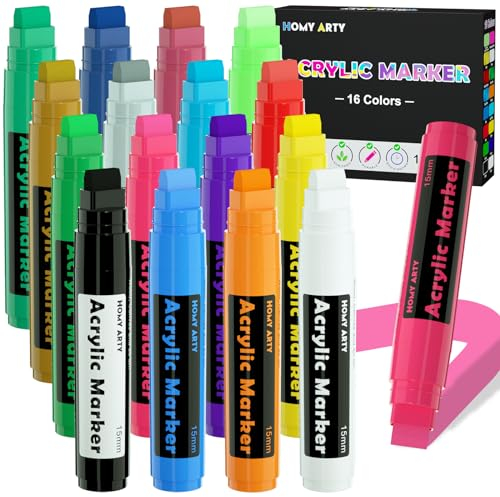 HOMY ARTY Acrylstifte, 15mm Breit Acrylstifte, Permanent Marker, Wasserfeste Farbstifte für Steine, Schilder, Kalligraphie (16 farben)