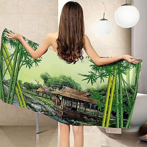 3D Druck Holzhaus Grüner Bambus, Saugfähiges Und Schnell Trocknendes Mikrofaser Strandtuch, Badetuch Für Jungen Mädchen Und Kinder Erwachsene, Camping Schwimm Strand Strandtuch 90 X 180 cm