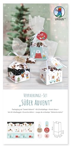 Ursus 51290000F - Verpackungs-Set Süßer Advent, 6 Geschenkschachteln in verschiedenen Designs, inkl. Zellglasbeutel und Anhänger, für Kekse, Weihnachtsgebäck, Christstollen