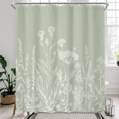 Riyidecor Rideau de douche en tissu polyester imperméable avec imprimé artistique rustique de fleurs sauvages et d’herbes botaniques, 12 crochets en plastique, vert sauge, 152 x 183 cm