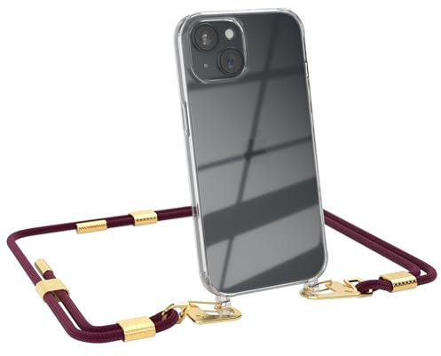 EAZY CASE - Handykette mit Karabiner kompatibel mit iPhone 15 - Hülle Silikonhülle Fallschutz transparente Handyhülle Kette zum Umhängen Schutzhülle in Beere - Clips Gold