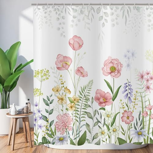 ASDCXZ Blumen Duschvorhang 180x220 cm, Frühling Handgemalt Rose Gelb Lila Bunt Blumen Grün Blätter Weiß Bad Waschbar Duschvorhänge Polyester Textil Wasserdicht Badevorhang für Badewanne mit 12 Haken