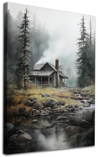 Abstrakte Berglandschaft, Wandkunst, See, Aquarelldruck, grüner Wald, Bilder, Hütte im Wald, Poster, Naturlandschaft, Wandkunst, Baumlandschaft, Gemälde, moderne Landschaft, Kunstwerk, 40,6 x 61 cm,