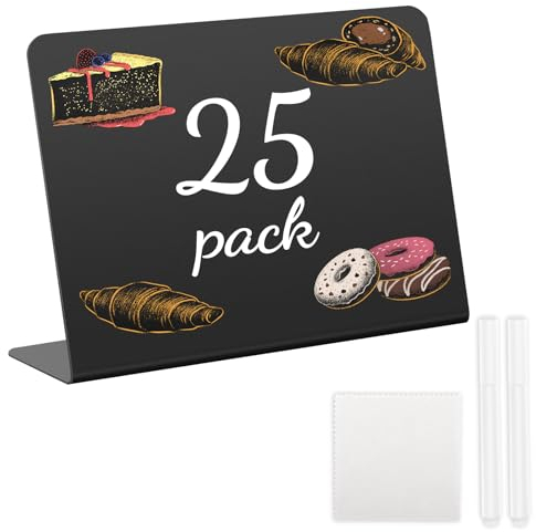 Auauraintt Mini Tableau Noir, 25 Pièces Mini Panneau D'affichage, Tableau Noir pour éCrire des éTiquettes Prix et Panneaux Buffet, Mini Ardoise Plastique pour Buffet Mariage Boulangerie Fêtes