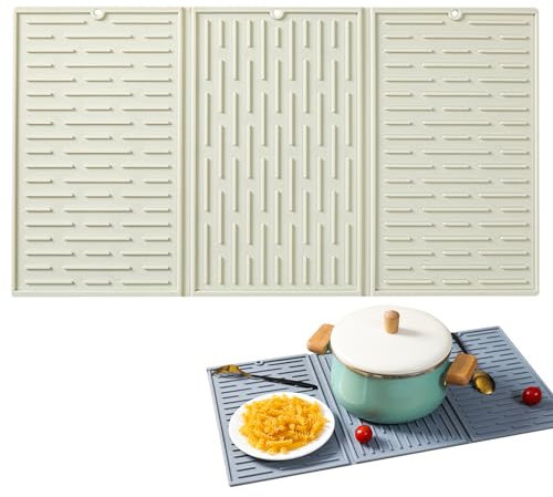 Pasdrucn Faltbar Silikon Geschirr Abtropfmatte, Silikonmatte Für Küchenmaschinen, rutschfest Abtropfmatte Spüle, Abtropfmatte Geschirr Silikona, Ntirutschmatte Küche Für Küche,Bad,Theke (Beige)