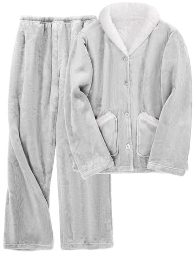 CMTOP Pigiama Donna Invernale Flanella Pigiama Set Termico Pigiama in Pile Due Pezzi per La Casa Felpato Pigiama con Bottoni e Pantalone Lungo da Notte Pigiama Elegante con Tasche(Grigio Chiaro, XL)