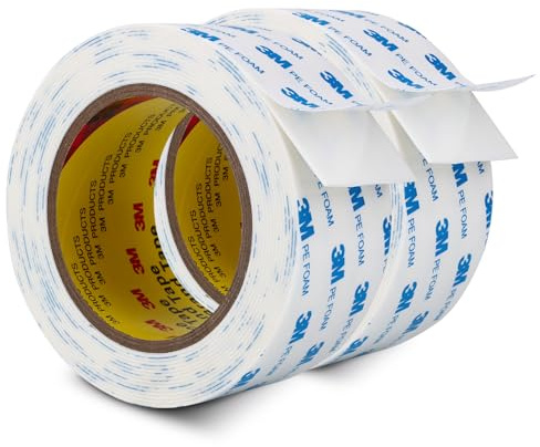 3M Ruban Adhésif Double Face Extra Strong 50 mm × 5 m 2 Rouleaux | PE Mousse Rubans Adhésifs, 1,1 mm D'épaisseur Ruban en Tissu Durable Imperméable, pour Intérieur Extérieur Bricolage Fixation