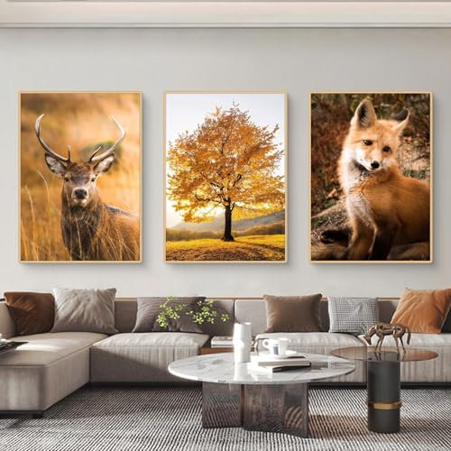 Viusneun 3er Poster Set, Aesthetic Herbst Wandposter Eelch und Fuchs Wandbilder Premium Leinwandbilder Kunstdruck Poster für Wohnzimmer Schlafzimmer Ohne Rahme (21 x 30 cm)