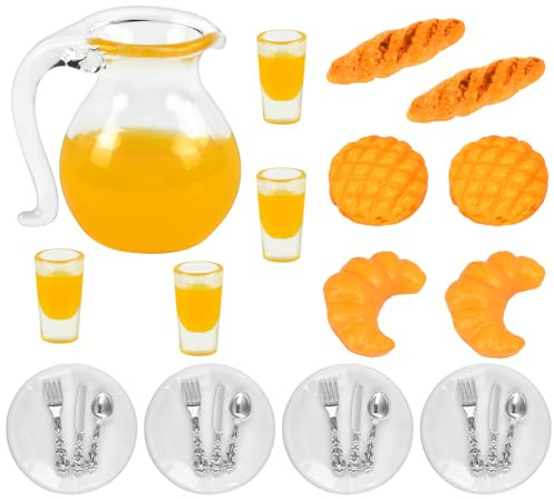 Miniatur Essen und Trinken, 1:12 Miniatur Lebensmittel Set Miniatur Puppenhaus Zubehör, Puppenhaus Miniatur Frühstück Brot Milch Tassen Teller Gabel Löffel Miniatur Wichtel Zubehör Küche Lebensmittel