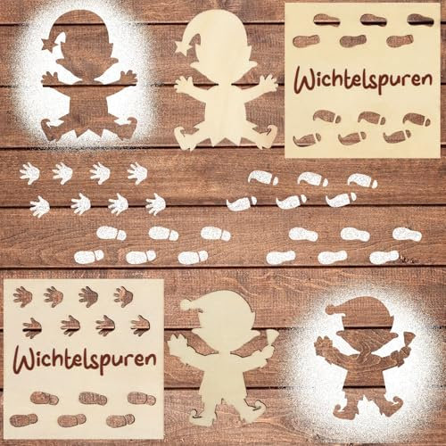UPINS Wichtel Fußabdrücke Schablone, 4 Stück Wichtelschablone Weihnachtsdeko Wichtel Schablone Schneespray Fenster Holz Schablonen für Fenster Türen Böden