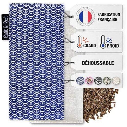 Chill&Rest - Petite bouillotte micro onde déhoussable - Fabriquée en France - Coussin chauffant dos - Graines de lin - Masque migraine - Bouillotte ventre - Bouillotte enfant - Bleu - La Segaiha