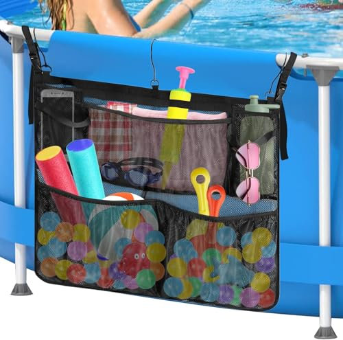 Yiomxhi Pool Aufbewahrungstasche, verstellbare Pool Zubehör Organizer Netz mit 5 Netztaschen, Pool Aufbewahrungskorb für Aufstellpool Schwimmbad, Passend für 5 cm weniger obere Schiene, Schwarz