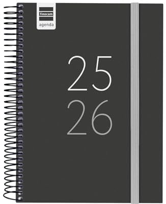 Finocam Sekundärkalender 2025/2026, 1 Tag pro Seite, September 2025 - Juni 2026 (Unterrichtsjahr), Juli und August als Übersicht, Schwarz, Spanisch