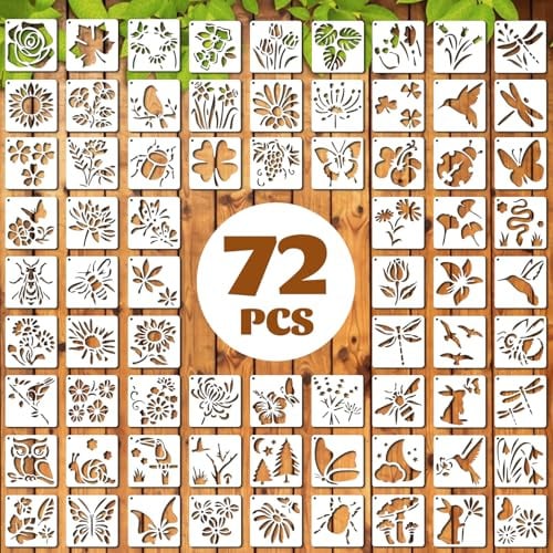 72 Pcs Botanical Stencils Set, Reusable Butterfly & Flower Painting Templates - Leaf, Dragonfly, Wildflower Nature Crafts Kit for Wall Murals, Fabric Art, Wood Signs, Kids Classroom Projects