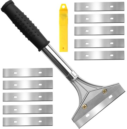 Wallpaper Scraper Tool, 220mm Heavy Duty Long Handle with 10 Pcs Blades, Non-Slip Soft Grip Paint Scraper for Effortless Removal of Wallpaper, Floor Tiles and Stubborn Materials