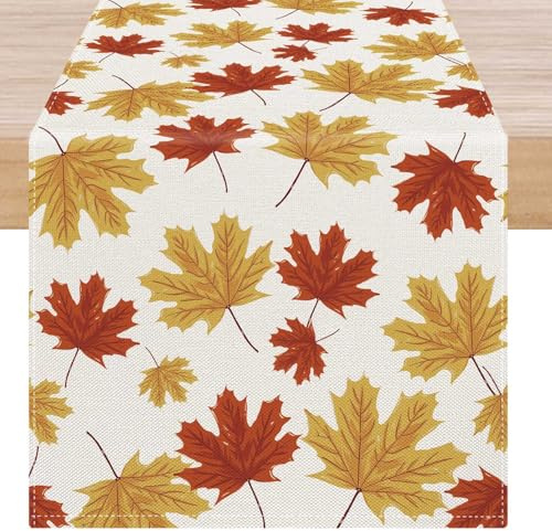 ViaElayu Tischläufer Herbst Dekoration Fall Orange Rot Gelb Ahornblatt Tisch Läufer Herbstdeko Abwaschbar Tischdeko Herbst Modern Blatt Landhausstil Table Runner for Küche Tisch Gartenparty 40x140 cm