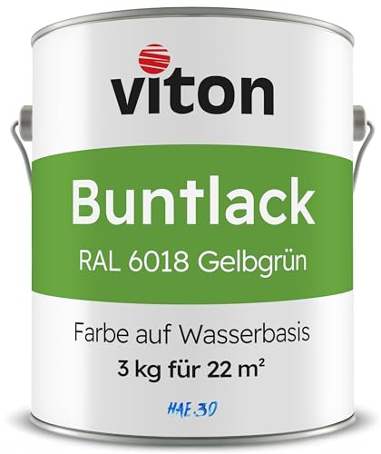 Viton Buntlack 3 Kg Pistaziengrün - Seidenmatt - Wetterfest für Außen und Innen - 3in1 Grundierung & Lack - HAE 30 - Farbe auf Wasserbasis für Holz, Metall & Stein - Gelbgrün RAL 6018