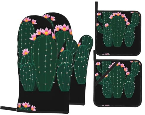 YYHWHJDE Embroidery cactus flowers Prints Kitchen baking set, oven gloves, thickened and insulated four piece suit