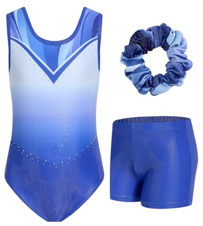 JiAmy Turnanzug Mädchen Ärmellos, Kinder Glitzer Gymnastik Turnanzug Leotard mit Shorts und Haarband, Gymnastikanzug Turnbody Ballett Tanzender Ballettanzug für 3-12 Jahre