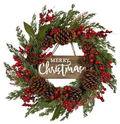 Corona de Puerta de Navidad, decoración Artificial para el hogar de 19.6 Pulgadas con Cono de Pino, Corona de Puerta Delantera de Navidad, para Acción de Gracias, Vacaciones, cumpleaños, Fiestas