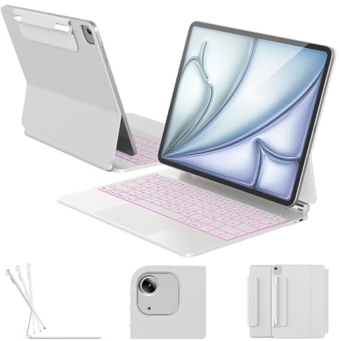 RAYMCRAFT Tastatur Hülle für iPad Air 13/iPad Pro 12,9 (6./5./4./3. Gen) | 11-Farbige Hintergrundbeleuchtung, Multi-Touch Trackpad, Magnet‑Schwebhalter, Stifthalter, QWERTZ‑Layout, Weiß