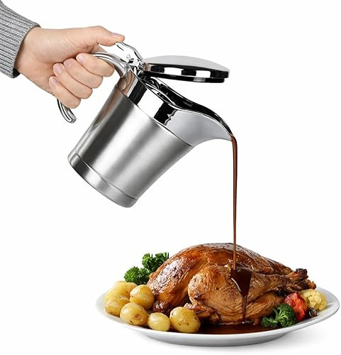 Mis.Moon Stainless Steel Thermal Gravy Boat, Double-Walled, Hinged Lid, 450ml – Drip-Free Pouring for Sauces, Gravy & Cream – Perfect for Parties & Dinners