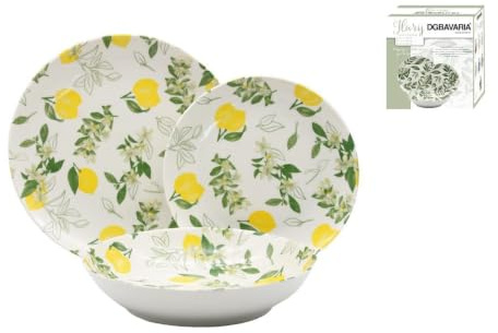 Servizio Piatti 18 Pezzi – Collezione in Pregiata Porcellana – Set Tavola Moderno per 6 Persone – Diverse Fantasie Disponibili, (Limoni)